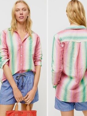 J.Crew Classic Fit Boy Shirt Rainbow Stripe Linen Blend Size 00